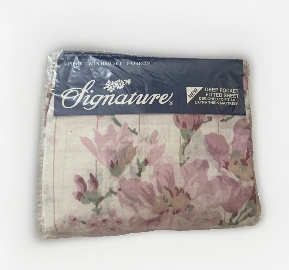 NEW Vintage Twin Sheet Set SIGNATURE. Pink Floral 3-Piece Deep Pocket 7828/21